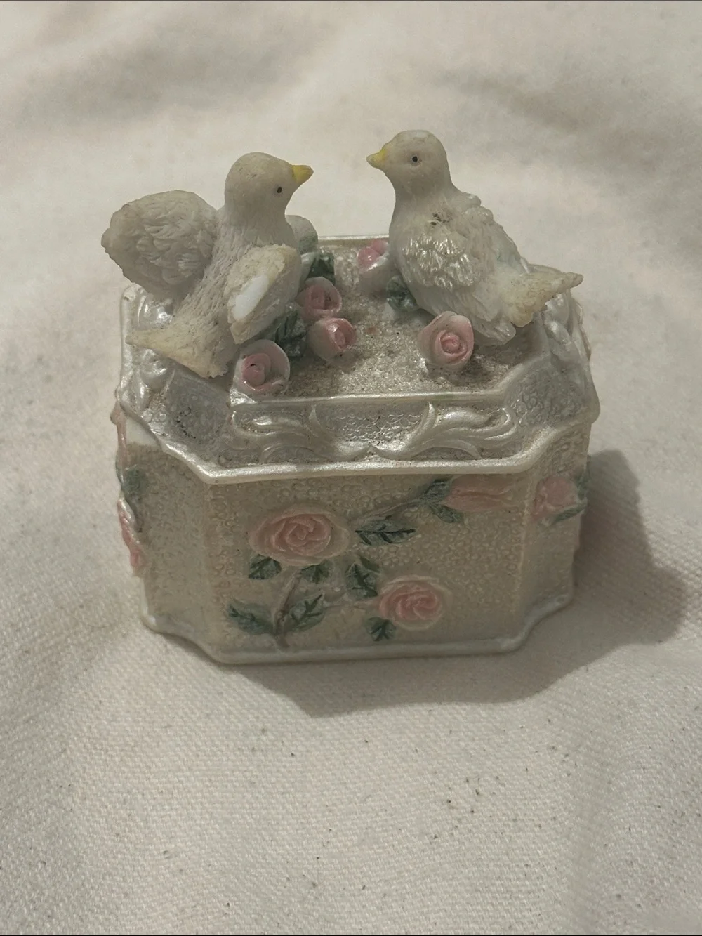 Decorative Bird Trinket Box - Pearl White with Pink Roses